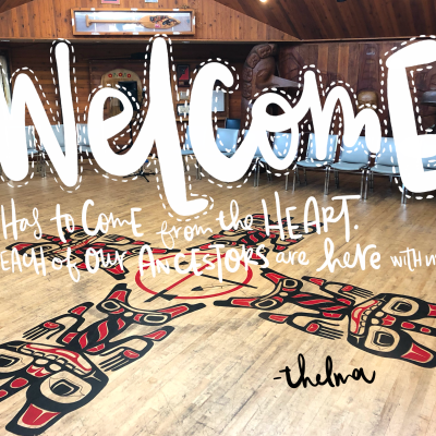 Digital art welcome message with the text 'Welcome', 'it has to come from the heart. Each of our ancestors are here with us.'